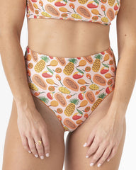 Frutifantastica orange women's high-rise swim briefs, double-sided (eco-friendly fabric).
