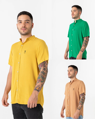 Pack x 3 Camisa hombre cuello mao: Mostaza / Aguacate / Tarantino Café