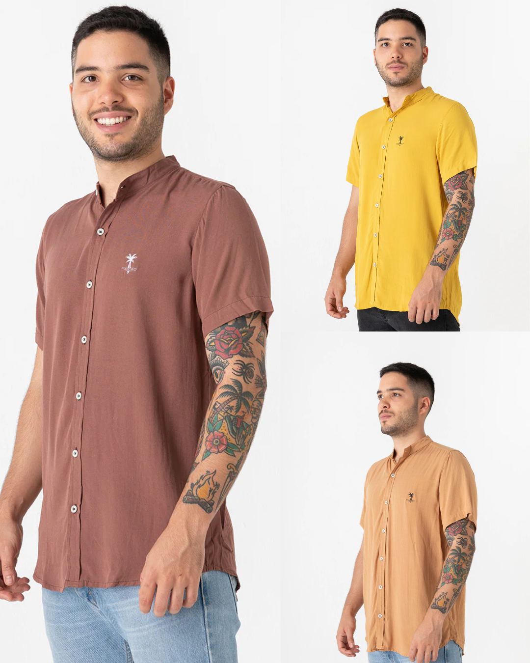 Pack x 3 Camisa hombre cuello mao: Tamarindo / Mostaza / Tarantino Café