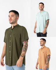 Pack x 3 Camisa hombre cuello mao: Verde Militar / Menta / Tarantino Café
