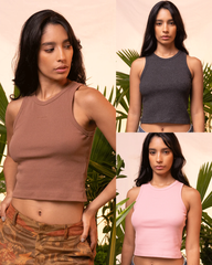 Pack x 3 Crop Top Mujer Básico: Rosa/Gris Oscuro/Café