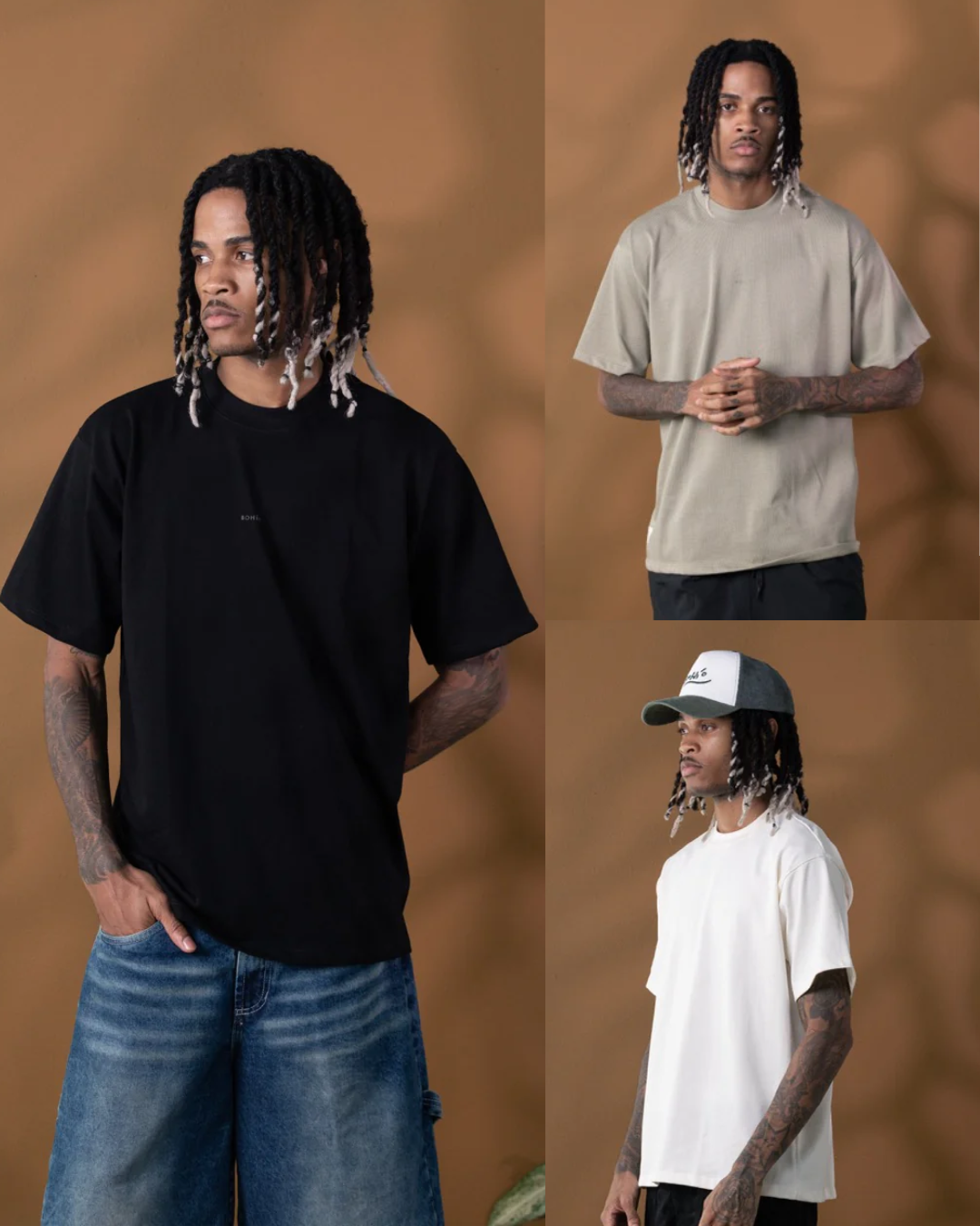 Pack x 3 Camiseta Oversize 270gr: (Marfil / Verde Claro / Negro)