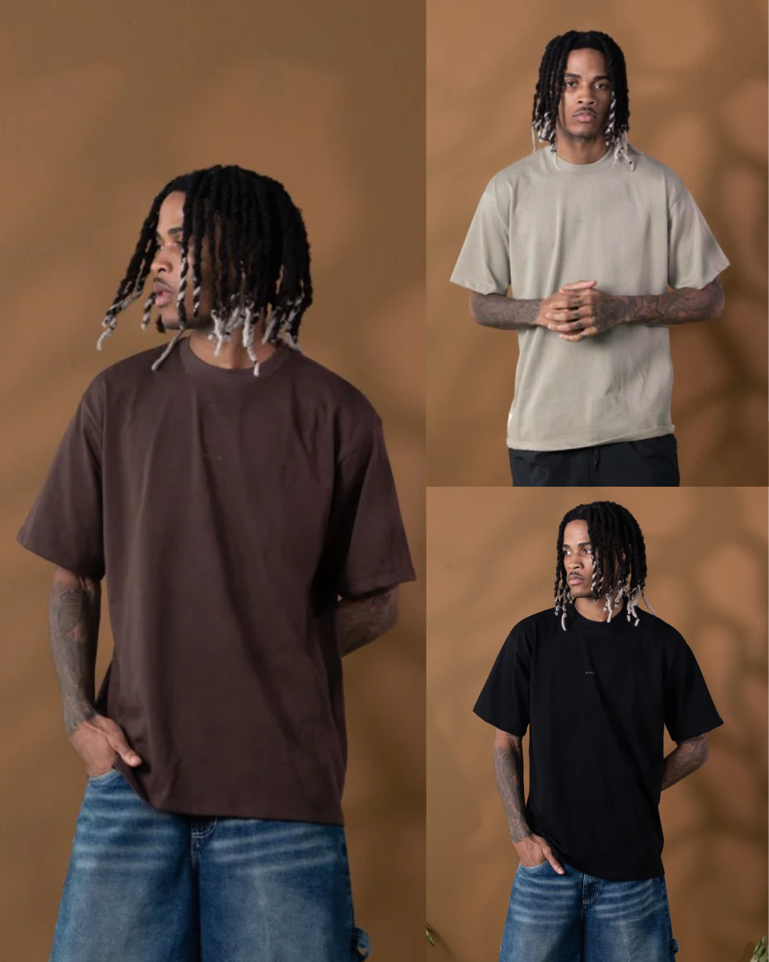 Pack x 3 Camiseta Oversize 270gr: (Negro / Café / Verde Claro)