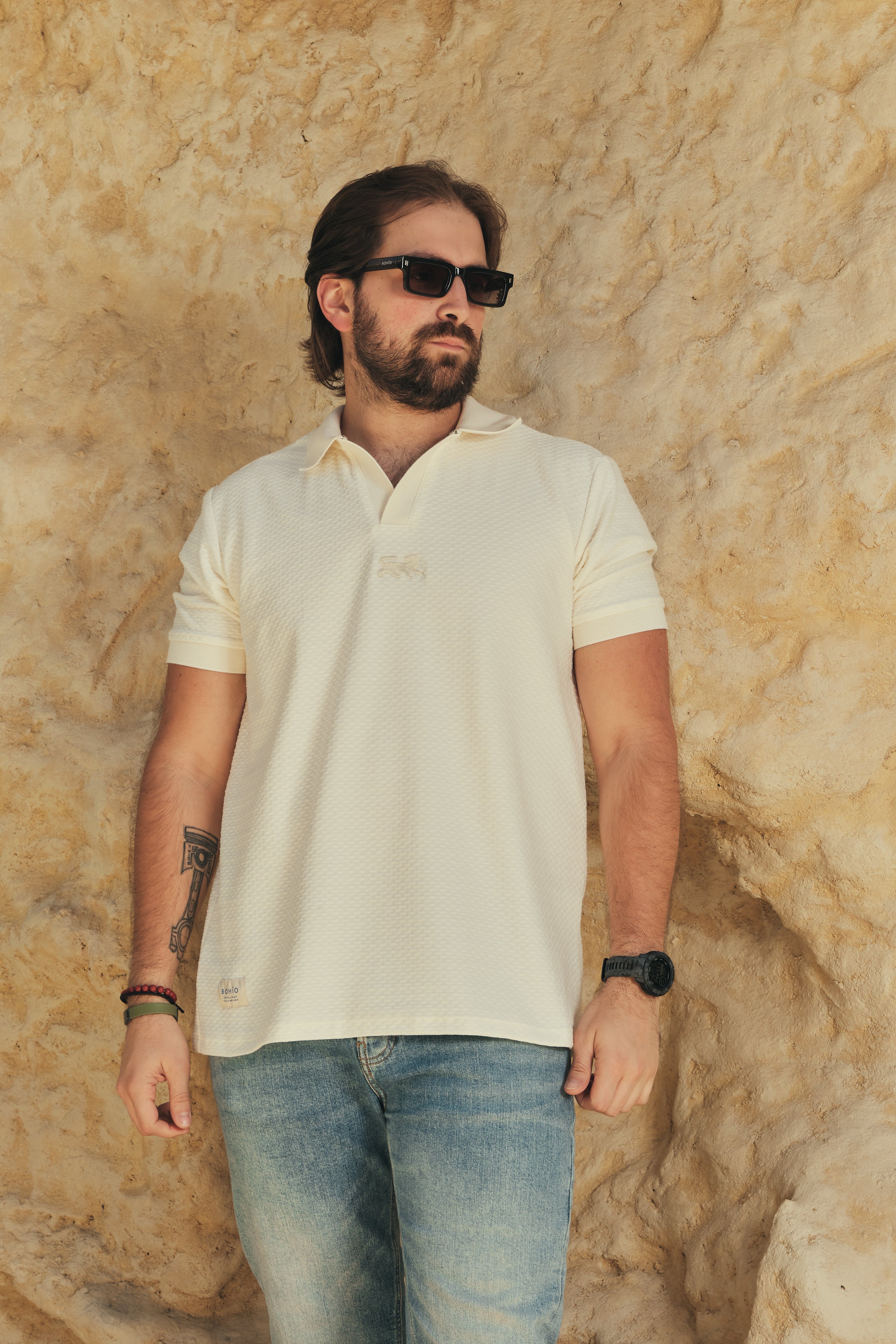 Camisa Polo Masculina Básica Bacana Marfil (Algodón 100%)